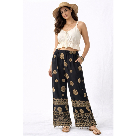 Caribbean Pacific Pants - Caribbean Pacific Boho Wide Leg Pants Black Gold Beaded Rayon Size L
